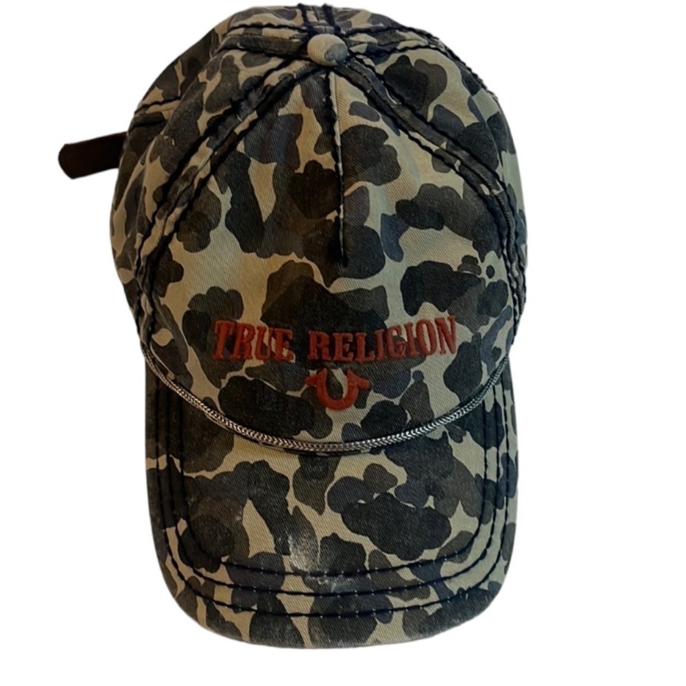 True Religion Distressed Hat Cap Embroidered Logo Leather Rare Vintage